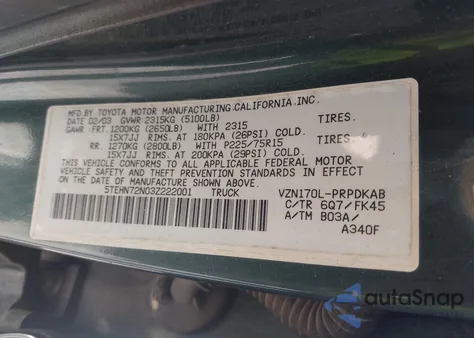 2003 Toyota Tacoma Base V6 из США, поврежденный, VIN 5TEHN72N03Z222001